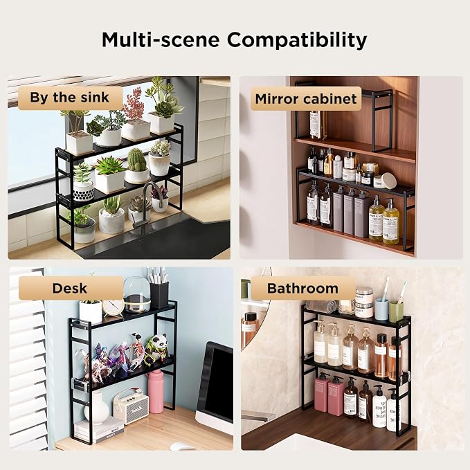 2 Tier Expandable Stackable Narrow Shelf Organizer, Black | Tall Countertop Organizer for Tight Spaces, Windowsill Plant Stand, Over-Sink/Faucet Shelf, Kitchen Counter Storage - Image 9