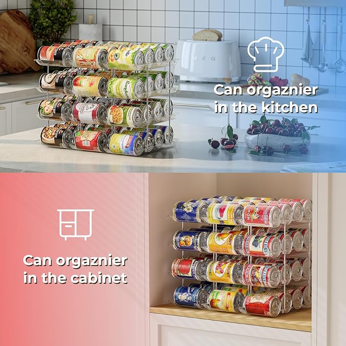 Can Organizer for Pantry 4 Tiers Rolling Can Storage Cupboard | Automatic Rolling Holds 48 Cans Combinable Canned Food Organizer Soda Can Organizer for Cupboard Cabinets Pantry Fridge Clear - Image 4