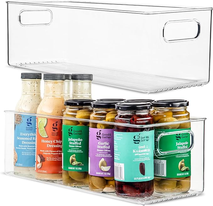Plastic Food Storage 2 Pack Clear Container Bin with Handles for Organizing Kitchen, Pantry, Refrigerator, Freezer, Pantry, Cabinet, Closet, Bathroom. 16”x6”x5” by primebox