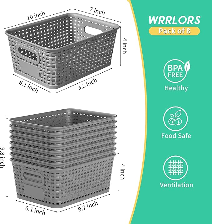 8 Pack Plastic Storage Baskets,Grey Stackable Bins with Lid | 5.3qt Storage Containers with Labels for Organizing Shelves Drawers Desktop Closet Playroom Classroom Office - Image 3