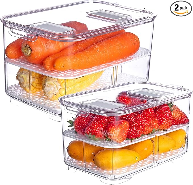 Produce Saver with Lids, 2 Piece Fruit Vegetable Storage Container with Vents Stackable Fridge Drawers Organizer Salad Lettuce Keeper For Refrigerator,Bpa-free Fresh Keeper,5.7L&2.8L by vacane
