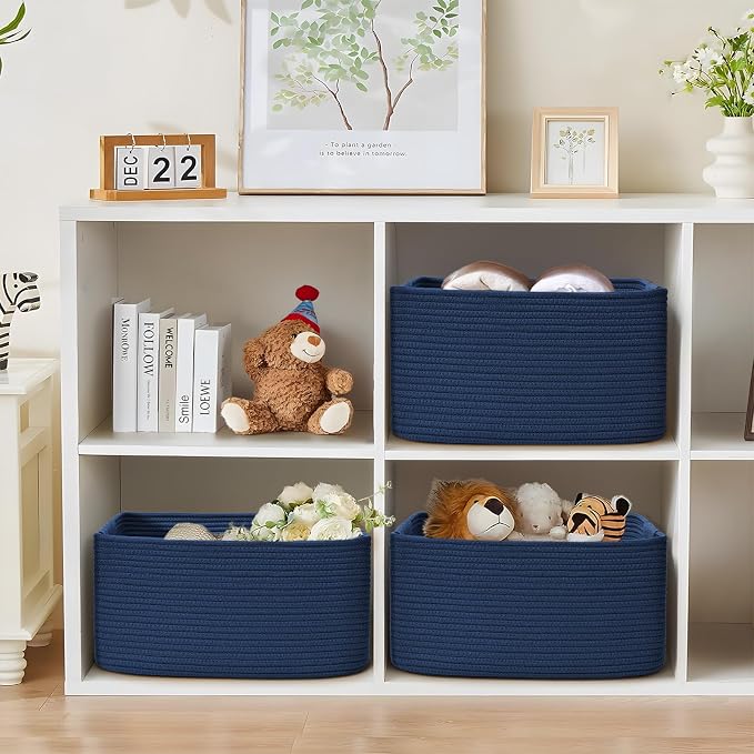 4 Pack Large Storage Basket for Organizing, 17.5"x13"x7" Woven Basket for Shelves, Closet Cube Storage Bins with Wrapped Handle, Cotton Rope Baskets for Kitchen, Clothes, Toys(Navy Blue) - Image 6