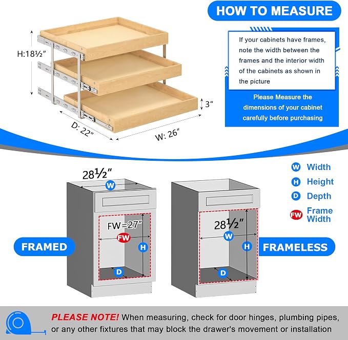 WelFurGeer 3-Tier Pull Out Cabinet Organizer with Soft Close, Heavy-Duty Pull Out Drawers for Cabinets, Slide Out Shelf for Kitchen, Pantry, Bathroom & Under Sink, Solid Birch Wood - Image 5