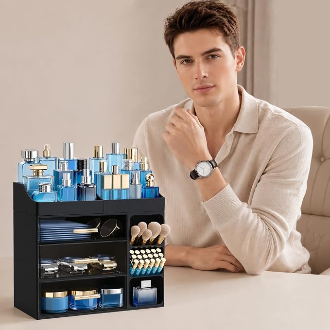 HBlife Cologne Organizer for Men Makeup Organizer Countertop with Brush Holder, Large Bathroom Counter Organizer with Drawers, Plastic Dresser Organizer Storage Fathers Day Gift for Dad Husband, Black - Image 6