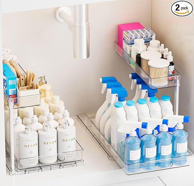 2 Pack 14.6″ Deep Pull Out Under Sink Organizer,12.8″ High 2 Tier Slide Out Cabinet Organizer for Kitchen Cabinet,Undersink Organizers,Under Sink Shelves,Bathroom Organizers and Storage,Clear by Yieach