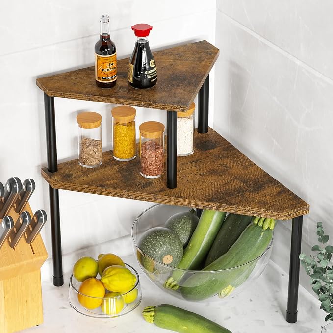 Weenson Kitchen Countertop Organizer Spice Rack for Salt, Bathroom Counter Organizer Over Sink for Toiletries, Makeup, 2-Tier Corner Counter Shelf for Coffee Area Storage Dresser Table(Rust Brown) by Weenson
