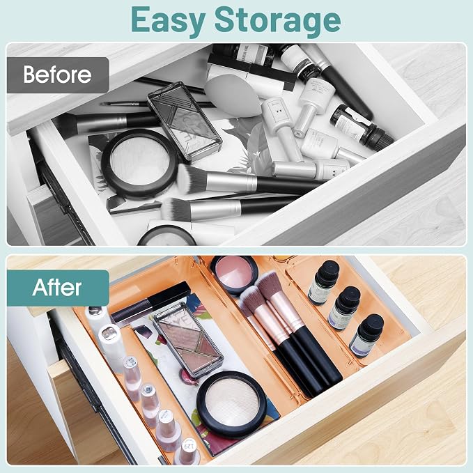 25 PCS Plastic Drawer Organizer Set, Makeup Organizers and Storage Bins | 4 Sizes Desk Drawer Divider Organizers and Storage Bins for Jewelry, Gadgets for Kitchen, Bedroom, Bathroom, Orange - Image 4