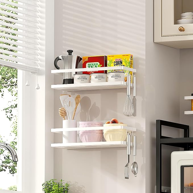 PUSDON 2-Pack Minimalist Shower Caddy Wall Mount, Open Frame Bathroom Shelf Organizer with Mesh Base, Rustproof Floating Spice Rack for Kitchen, Holds 50 LBS, 4 Hooks - White, Guardrail - Image 8