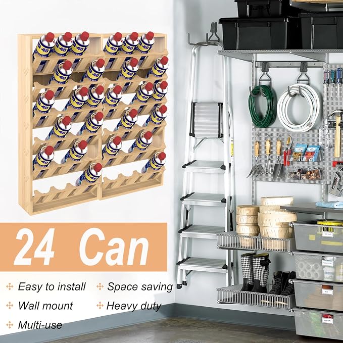 24 Can Spray Paint or Lube Can Holder Aerosol Can Rack 14.2"L x 5"W x30"H | 6-Tier Wooden Spray Paint Can Storage Rack Wall Mount Aerosol Spray Can Organizer for Garage Craft Workroom - Image 4