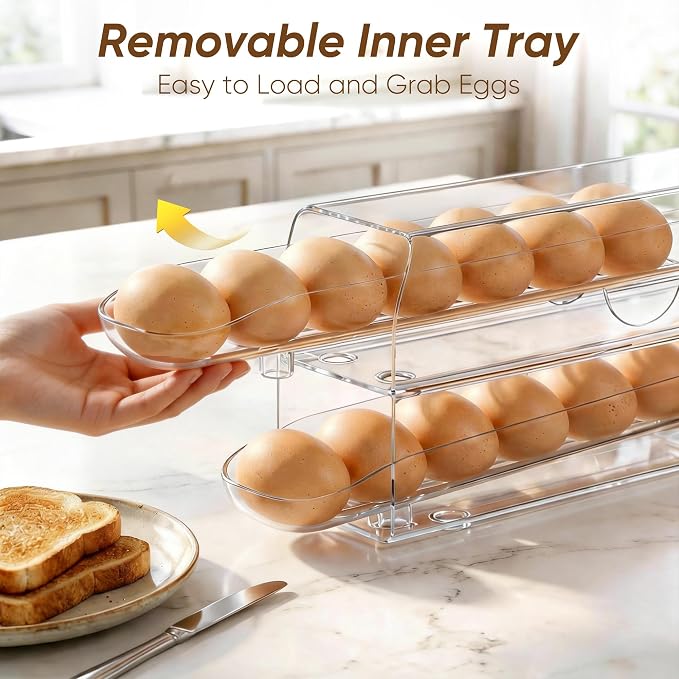 theaoo Auto Rolling Egg Dispenser for Refrigerator with Quick Removable Inner Tray, Space-Saving Egg Organizer and Holder, Egg Storage Container for Fridge, Easy to Load and Grab Eggs (1 Pack) - Image 3