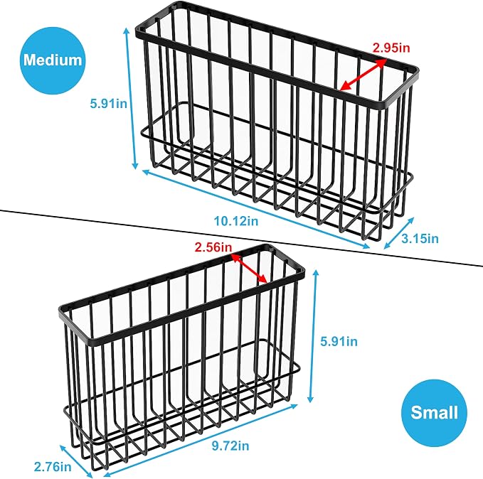 Wall Organizer Baskets, Lid Organizers Inside Cabinet with 2 Caddy Adhesive, Cabinet Door Organizer with 2 Sponges, 4 Hooks, Cabinet Door Storage for Foil Aluminum Roll, Black, 2 Pack (Small, Medium) - Image 3