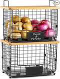 2 Set XL Stackable Wire Basket with Bamboo Tops & Tags- Pantry Organizer and Storage Bins, Kitchen Counter Cabinet Shelf Countertop Under Sink Organizing, Food Snack Produce Onion Potato Bread Storage by AOZITA
