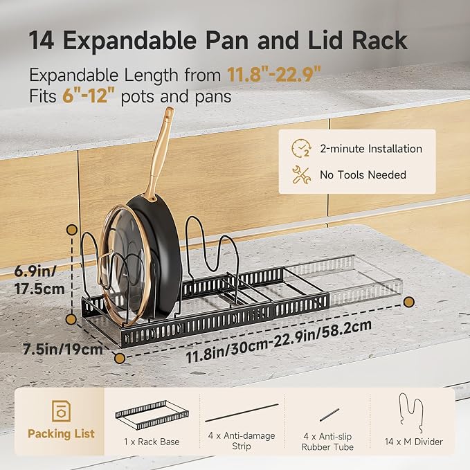 MUDEELA Pot Lid Organizer for Cabinet, Expandable Baking Pan Rack 14 Slots | 11.8–22.9" Expandable, 14 Adjustable Divider, Tool-Free Assembly, Non-Slip, Scratch-Proof, For Pan Lid Cutting Board Bakeware - Image 2