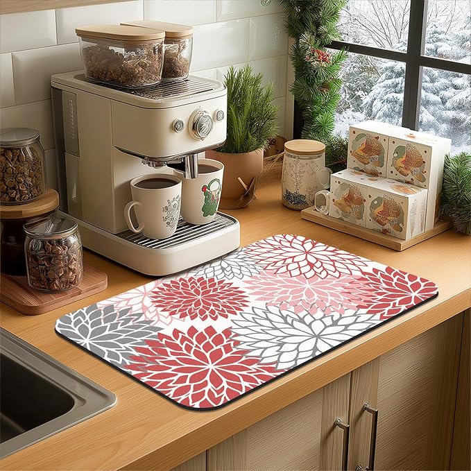 Findosom 2PCS 12" x 20" Christmas Dish Drying Mat & 24" x 5.5" Sink Splash Guard, Super Absorbent & Cuttable Dish Mat Drying Kitchen Mat with Red Floral, Hide Stain Drying Mat for Kitchen Counter - Image 4
