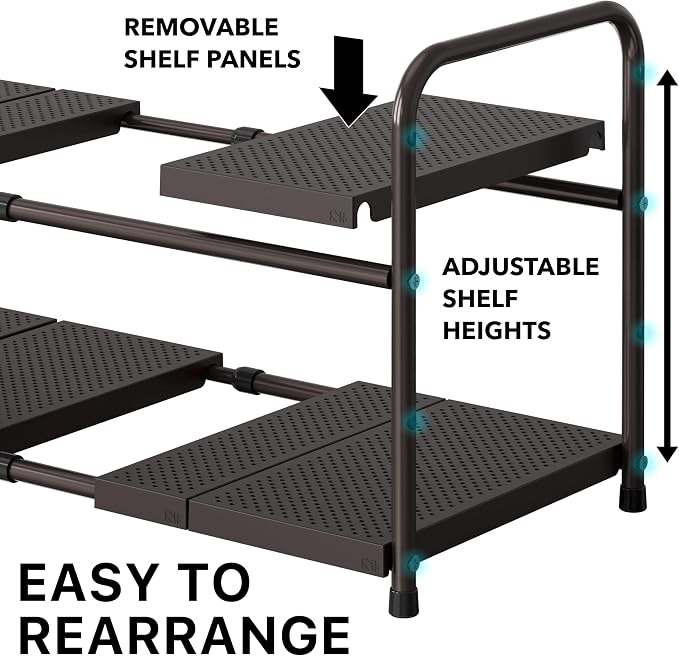 Simple Houseware Under Sink 2-Tier Heavy Duty Expandable Organizer, Bronze | Adjustable Width 15.75–25 Inches with 4 Shelf Height Levels - Image 4