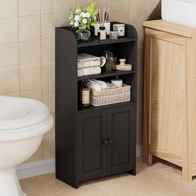 Homhedy Small Bathroom Storage Cabinet, Toilet Paper Storage Cabinet | Bathroom Floor Cabinet with Doors and Shelves, Bathroom Organizers for Small Spaces, 7.9" D x 14.6" W x 31" H, Black by Homhedy