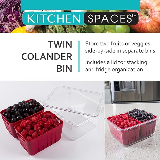 Kitchen Spaces Twin Colander Food Storage Container, Strainer and Fridge Organizer Bin for Fruits and Veggies, Stackable, BPA-Free - Image 9