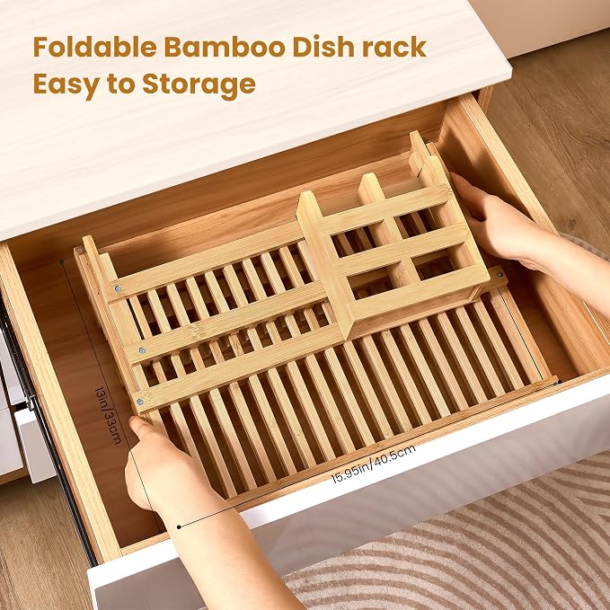 NOVAYEAH Bamboo Wooden Dish Rack, Wooden Dish Drying Drainer Rack | 3-Tier Collapsible Large Dish Drying Rack Holder for Kitchen Counter, Plate Holder Organization with Utensils Flatware Holder - Image 5