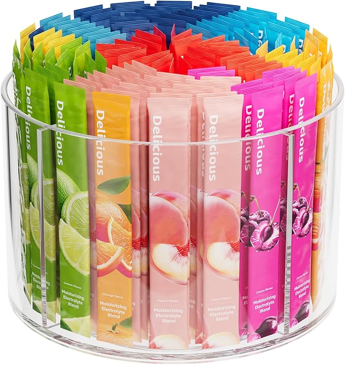 Divided Drink Packet Organizer, Rotating Turntable Organizer, Lazy Susan | Clear Lazy Susan, Water Drink Packet Holder, Rotating Storage Organizer for Powdered Drink Mix, Water Drink Packet Holder by SlowSLog