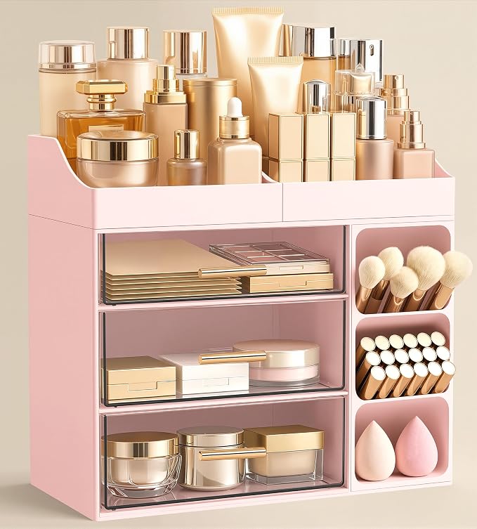 HBlife Makeup Organizer Countertop with Brush Holder,Large Bathroom Counter Organizer with Drawers,Skincare Organizers for Vanity,Plastic Dresser Organizer Storage Gift for Women Girl Mom,Pink by HBlife