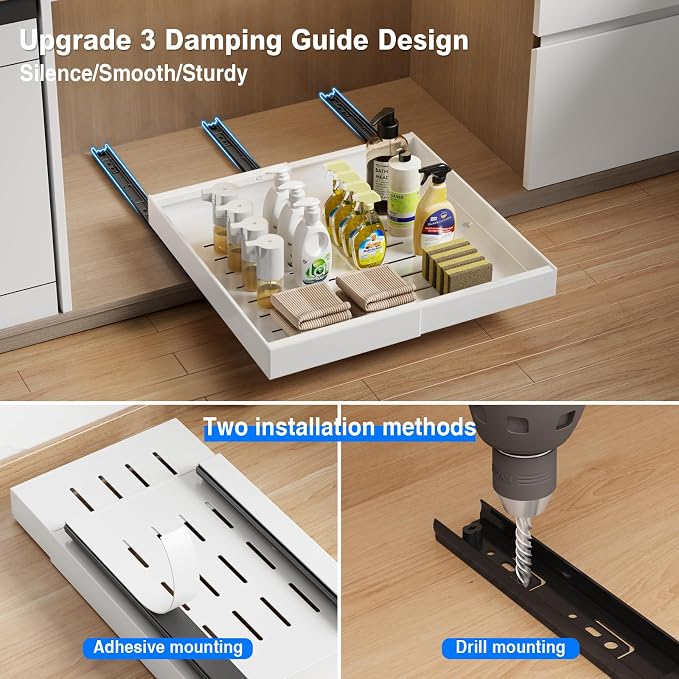 MUSTORN 2 Pack Pull Out Cabinet Organizer Expandable, 21"Deep Slide Out Drawer for Cabinets Adhesive Pull Out Drawers Heavy Duty Pull Out Shelves for Kitchen, Cupboard, Pantry, Bathroom(White) - Image 6