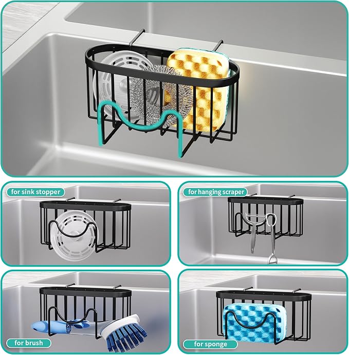 HapiRm Sponge Holder for Kitchen Sink - Rustproof Hanging Kitchen Caddy for Double-Bowl Sink, Center Divider width less than 1.5in- Black - Image 3