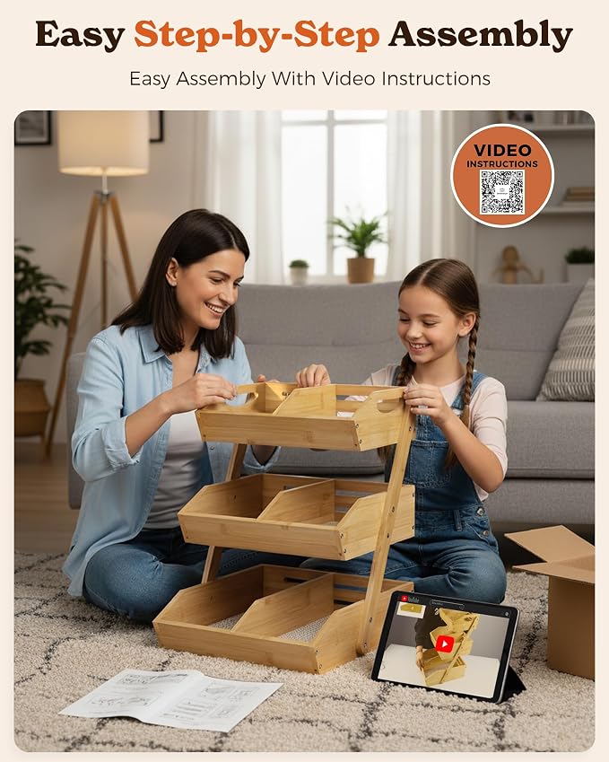 3-Tier Bamboo Fruit Basket with 2 Banana Holders | Large tiered organizer for bread, snacks, veggies. Sturdy bamboo, includes mats & dividers. Easy to assemble. - Image 7