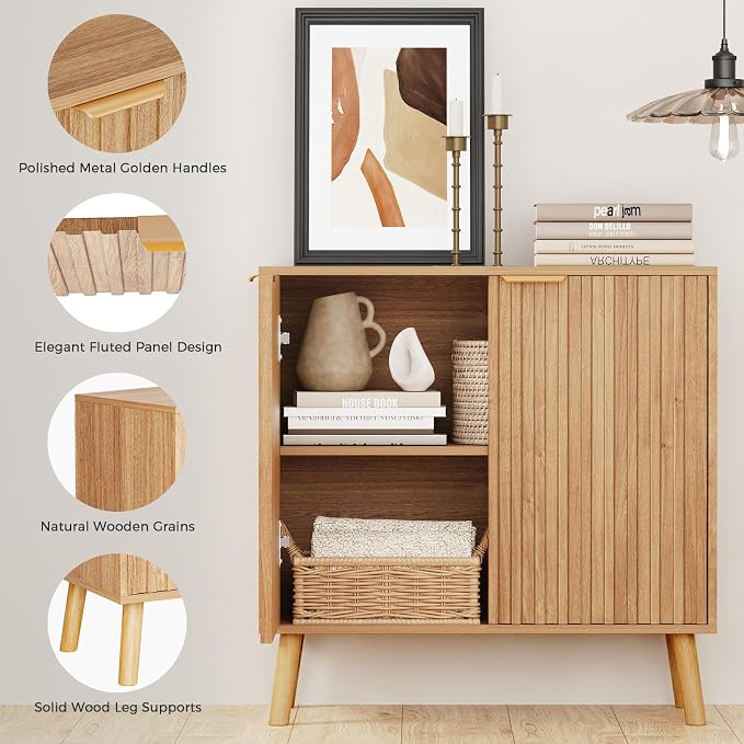 Set of 3 Fluted Storage Cabinet, Buffet Cabinet with Storage, Wood Sideboard with Adjustable Shelf, Modern Accent Cabinet & Console Table for Entryway, Living Room, Dining Room, Natural - Image 4