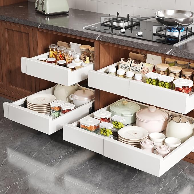 Seinloes Pull Out Cabinet Organizer,4-Side Expandable to Maximize Cabinet Space,Slide Out Drawers with 3 Rail Design,Roll Out Shelf with Raising Pad for Framed Cabinet,13"-21"W x 13"-17"D,White,2 Pack - Image 7