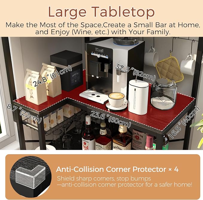 4-Tier L-Shaped Baker's Rack with Power Outlet,Corner Coffee Bar,Black | Kitchen Appliance Storage, Pull Out Basket, 6 Hooks and Flexible Installation Options for Kitchen, Balcony, Living Room - Image 8