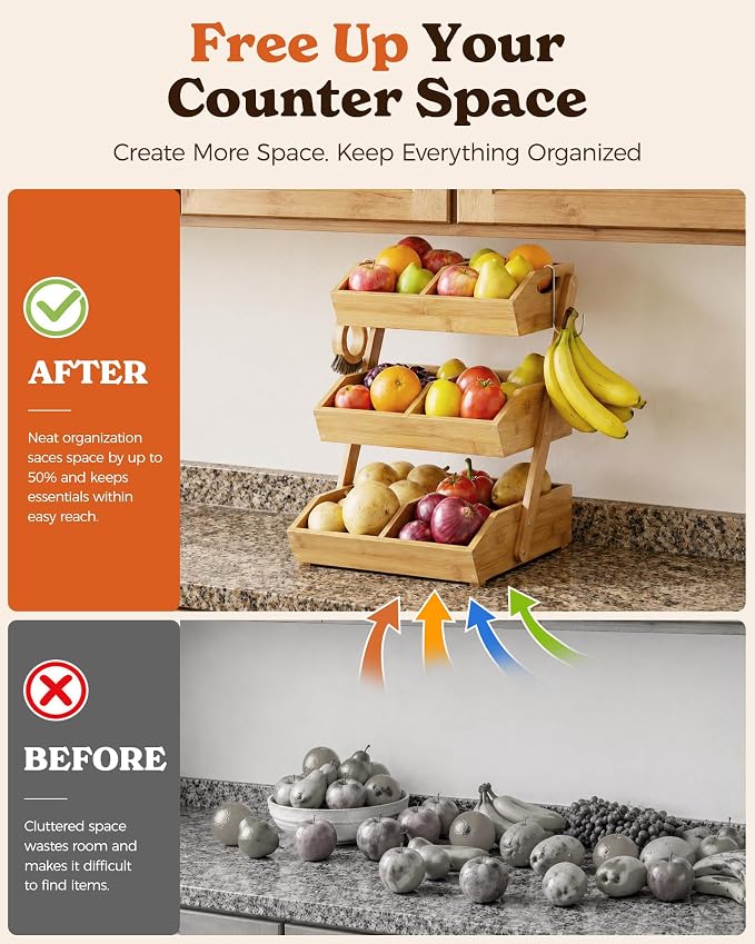 3-Tier Bamboo Fruit Basket with 2 Banana Holders | Large tiered organizer for bread, snacks, veggies. Sturdy bamboo, includes mats & dividers. Easy to assemble. - Image 5