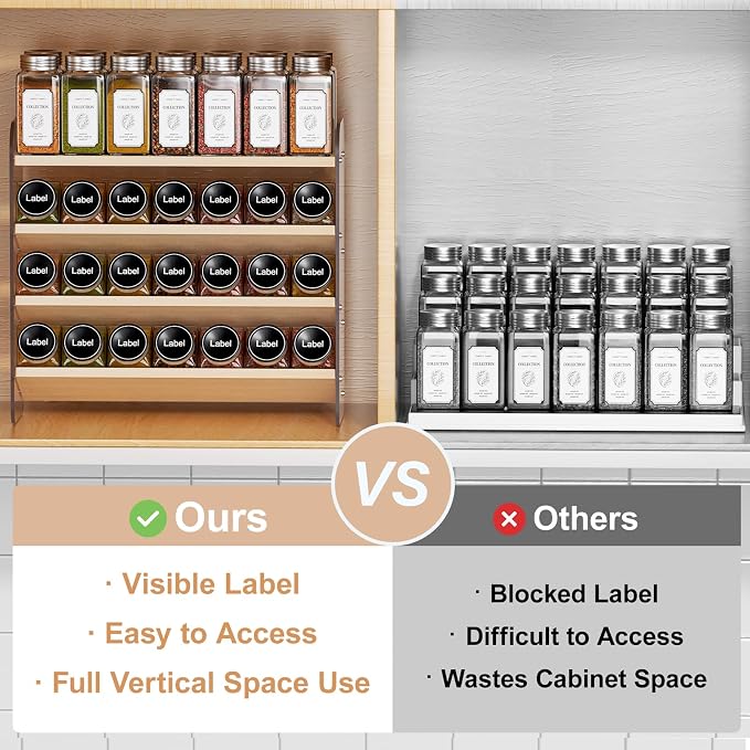 MUDEELA 4 Tiered Spice Rack Organizer for Cabinet, (No Jars Included) | Clear Vertical Spice Shelf, Wooden Seasoning Organizer for Countertop, Kitchen, Pantry, Freestanding, 13.3" W × 11.2" H - Image 5