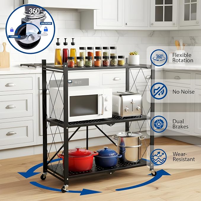 3 Tier Foldable Storage Shelves with Wheels, Metal Collapsible Organization Storage Rack, No Assembly Folding Bookshelf, Rolling Storage Rack for Kitchen, Bedroom, Pantry, Garage, Display, Black - Image 5