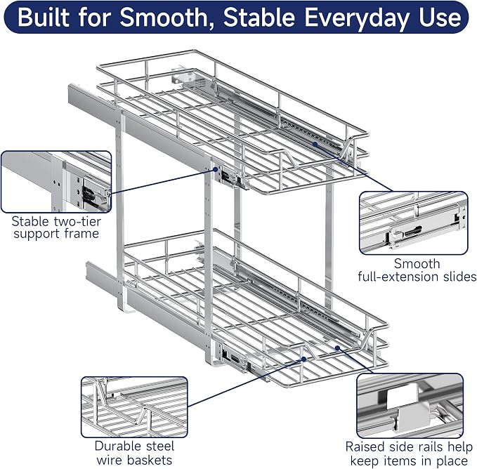 2-Tier Pull Out Cabinet Organizer, 10.5" W x 21.5" D, Heavy Duty Dual Slide Out Shelves for Narrow Base Cabinets, Chrome Wire Basket Drawer for Spices, Bottles & Snacks - Image 5