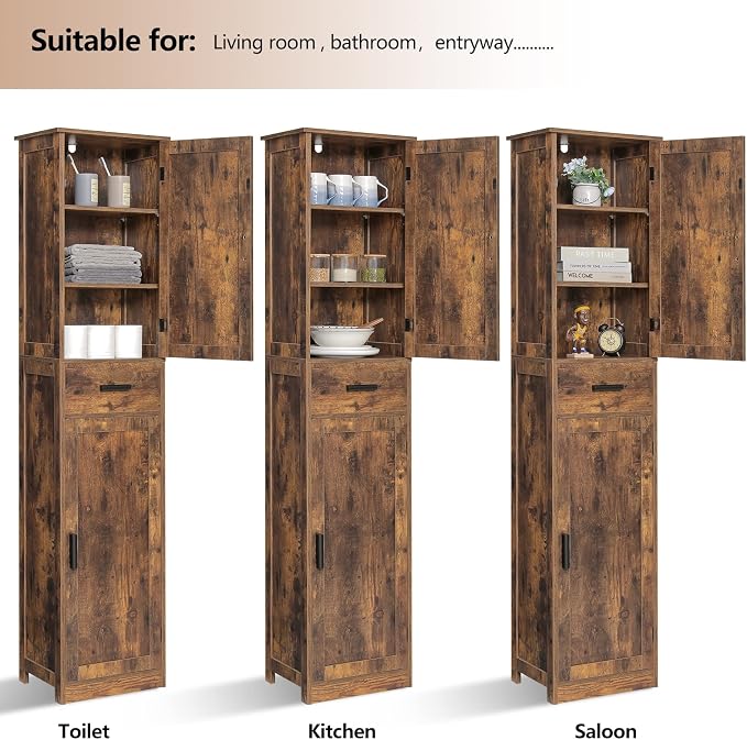 usikey 67'' Tall Storage Cabinet with Adjustable Shelves & 2 Doors, Bathroom Cabinet with 1 Drawer, Narrow Tall Cabinets for Living Room, Home Office, Rustic Brown - Image 5