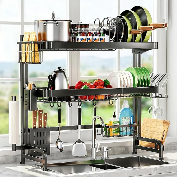 Over The Sink Dish Drying Rack, Adjustable 3 Tier Large Capacity Stainless Steel Drainer with Cutlery/Utensil/Cup Holder Hooks, Kitchen Storage & Organization, 25"-38" L x 11" W x 37.5" H, Black by GoodProductsGoodLife