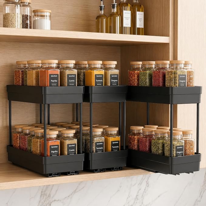 Pull Out Spice Rack, 3 Pack 2-Tier Cabinet Organizer, Black | Kitchen Pantry Slide Out Seasoning, Fits Cabinets 12"H x 11"D x 5"W by Unknown
