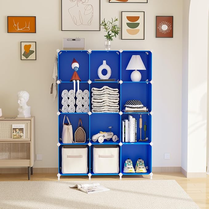 AWTATOS Cube Storage Organizer Closet Organizers 12 Cube Storage Shelves | Protable Closet for Kids DIY Stackable Cube Shelves Bookshelf Clothes Organizer for Bedroom, Home, Admiral Blue - Image 2