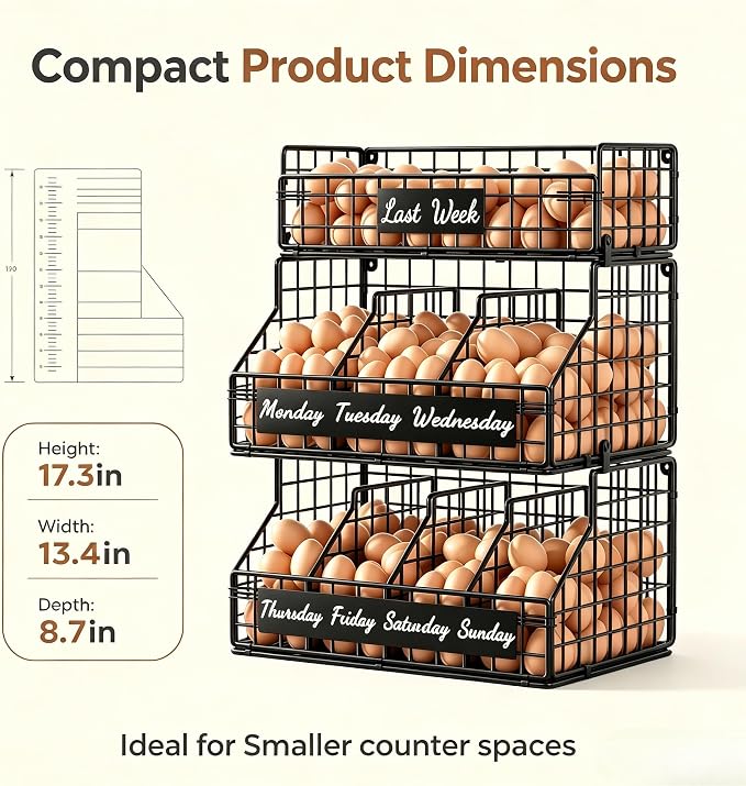 Egg Holder Countertop, 3 Tier Chicken Egg Basket for Gathering Fresh Eggs | Egg Storage Organizer with Adjustable 5 Dividers & Label, Stackable Wall Mounted Egg Collecting Basket Rack, Black - Image 2