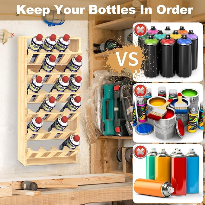 24 Can Spray Paint or Lube Can Holder Aerosol Can Rack 14.2"L x 5"W x30"H | 6-Tier Wooden Spray Paint Can Storage Rack Wall Mount Aerosol Spray Can Organizer for Garage Craft Workroom - Image 2