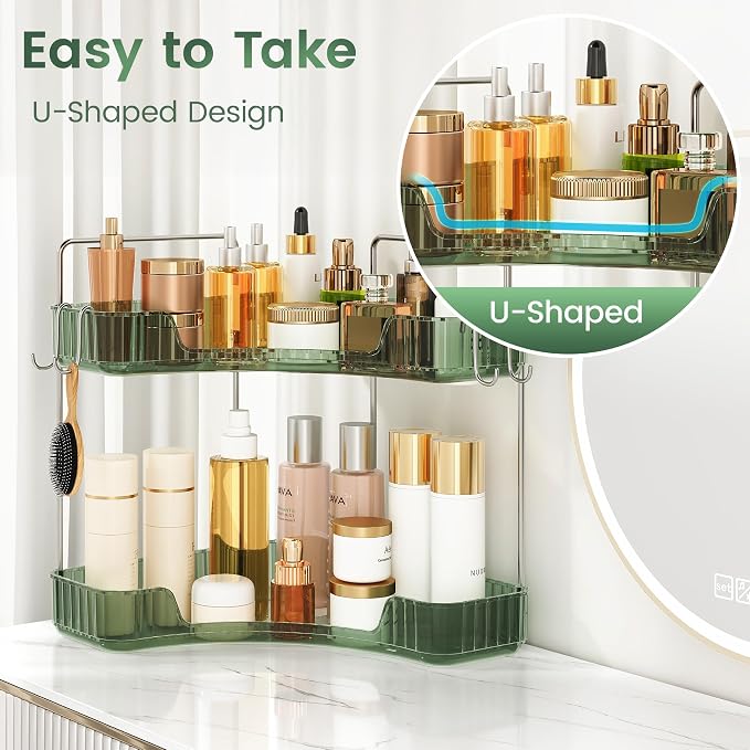 Corner Counter Organizer, 2-Tier Bathroom & Kitchen Storage Tray | PET Green Vanity Organizer Storage Countertop with Hooks for Skincare, Makeup & Jewelry - Image 5
