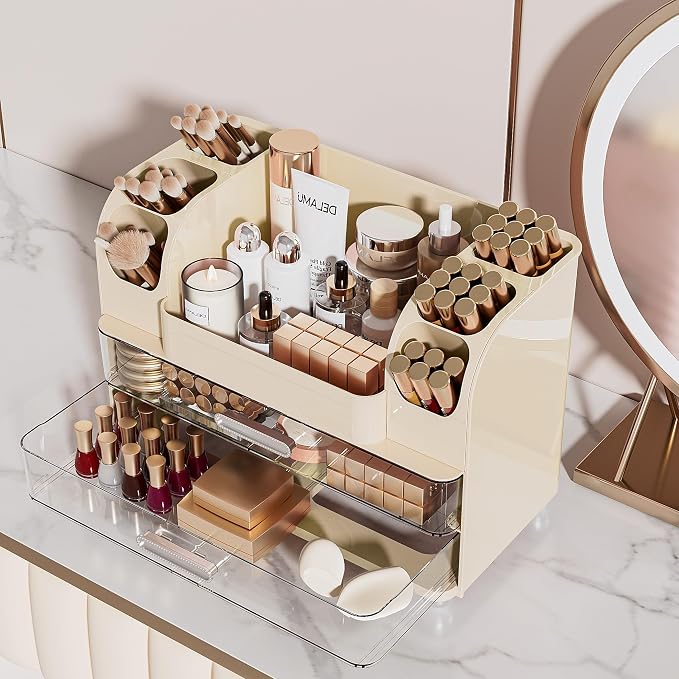 Delamu Large Makeup Organizer Countertop with 6 Brush Holders, Cream White | Vanity Organizer with 2 Drawers, Gift for Women & Girls, Holds Perfume, Skincare, Lipstick, Nail Polish & Hair Accessories - Image 6