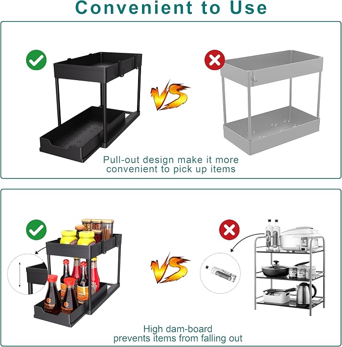 MEAFBIRD 2 Pack Under Sink Organizer, 2 Tier Bathroom Cabinet Organizer with Sliding Basket, Multi-Purpose Under Sink Organizers and Storage for Bathroom Kitchen (Black 2 Pack) - Image 4