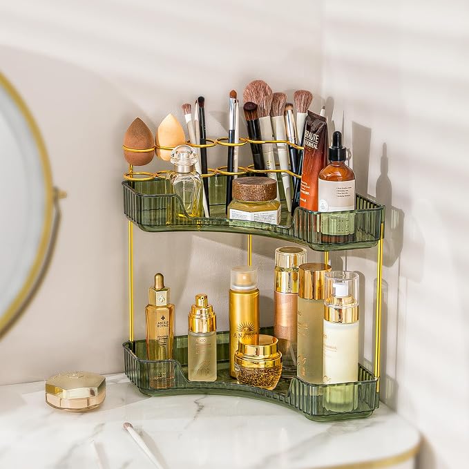 Upgraded 2-Tier Corner Bathroom Countertop Organizer – Spacious Storage for Makeup, Skincare & Perfumes, Built-in Brush Holder Fits Vanity/Dresser/Bsthtub (Sage Green) by SHUANGQING