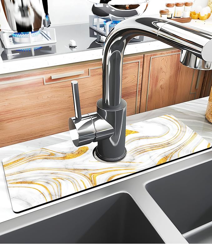 Kitchen Sink Splash Guard Faucet Mat Super Absorbent Fast Drying Mat Sink Gadgets Splash Guard Behind Faucet Drip Catcher for Kitchen (Marbling, 15x5.5in) - Image 2