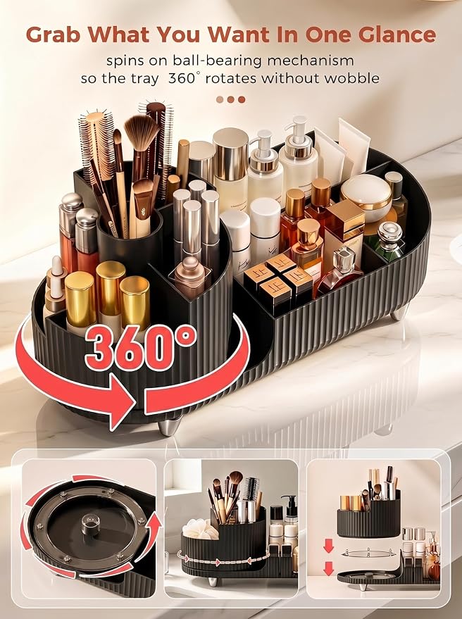 Booklov Rotating Makeup Organizer for Vanity Countertop, Black | Plastic Cosmetic Display Case, Large Beauty Brush Holder for Bathroom Counter, Skin Care Perfumes Storage - Image 6