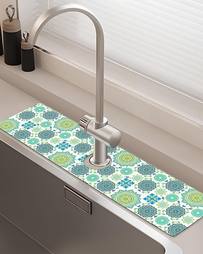 Patterned Sink Faucet Mat Kitchen Splash Guard Super Absorbent Drying Mat, Non-Slip Drain Pad for Kitchen Counter or Bathroom-24x5.5in by BnhjsdwTablecloth