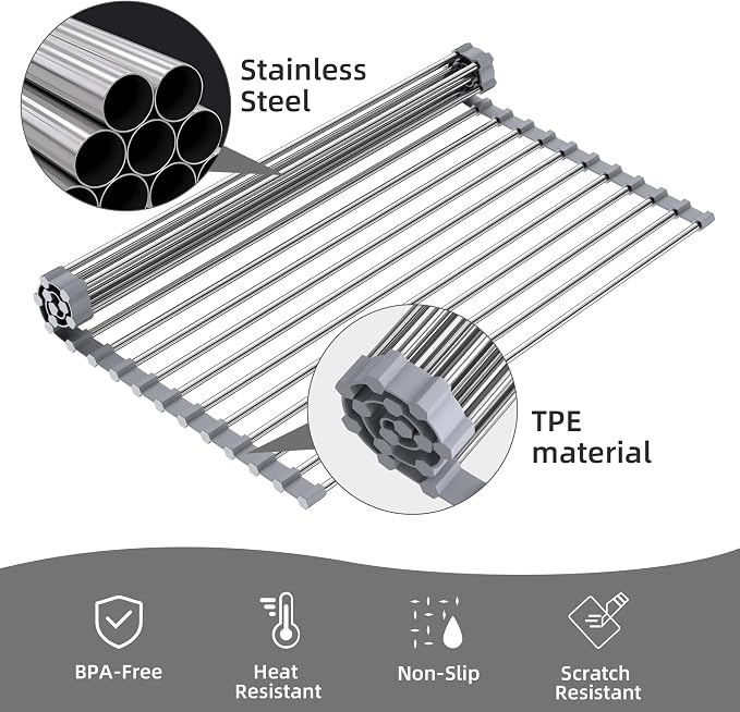 Over Sink Dish Drying Rack, 17" L x 11.8" W, Roll Up Dish Drying Rack for Kitchen, Gray - Image 6