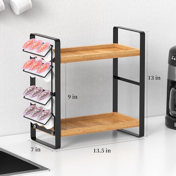 Coffee Station Organizer for Counter,Condiment Storage Caddy for Kitchen,2 Tier Wooden Shelf for Coffee Bar Accessories,Coffee Bar Organizer for Kitchen, Home, Office-Brown - Image 4