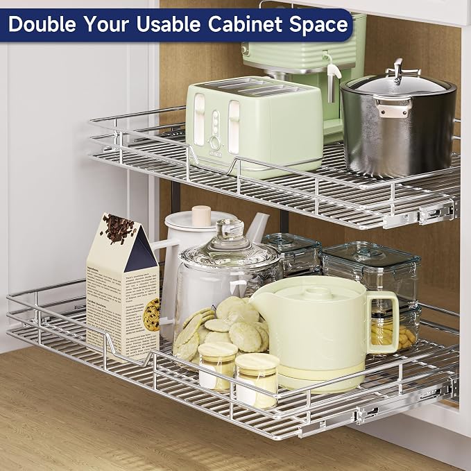 2-Tier Pull Out Cabinet Organizer, 27" W x 21.5" D, Heavy Duty Dual Slide Out Shelves for Wide Base Cabinets, Chrome Wire Basket Drawer for Pots, Pans, Pantry & Cleaning Supplies - Image 8